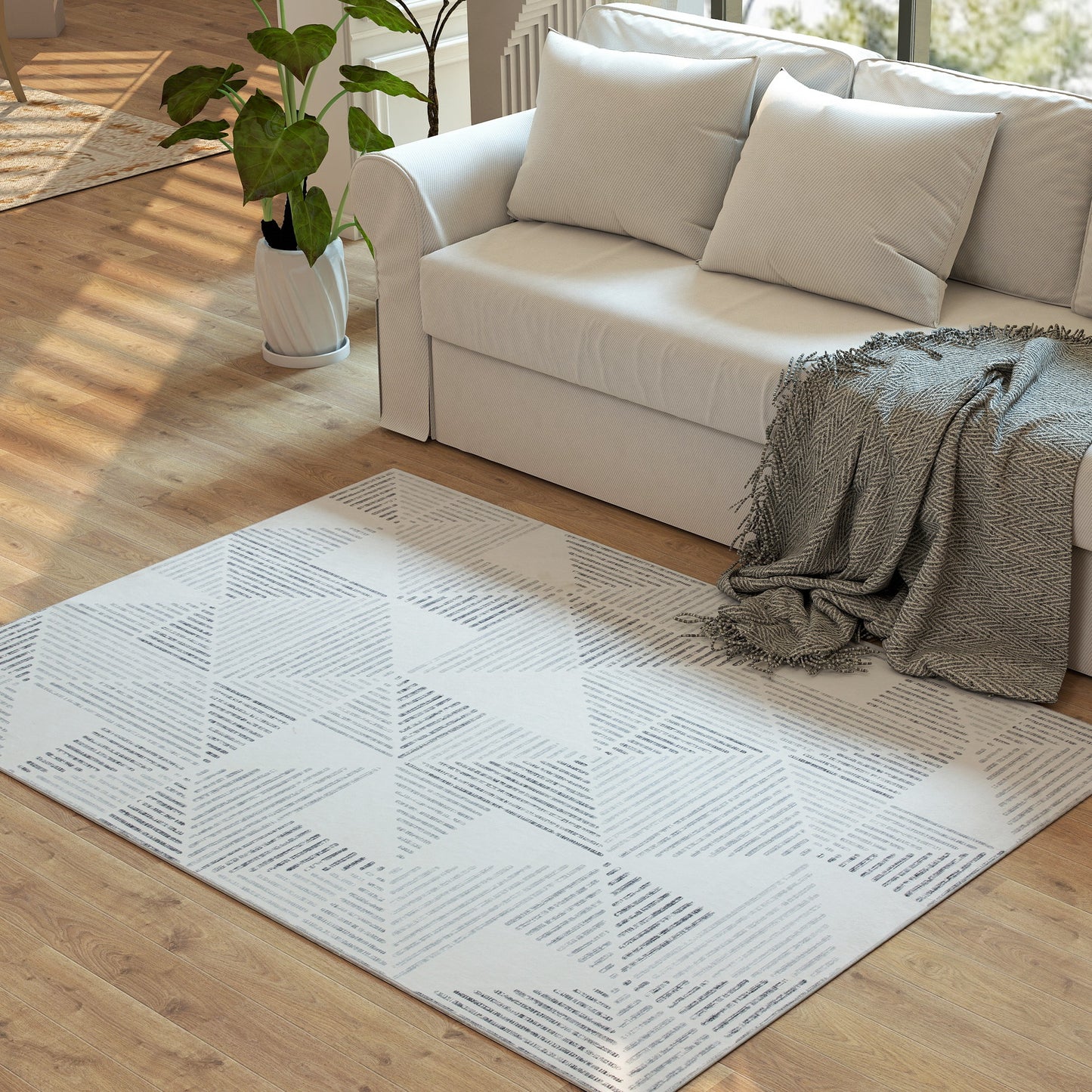 Modern Geometric Area Rug | Machine Washable | 100% Polyester Plush | TPR Non-Slip Backing | Foldable | 170x120cm | Grey | Living Room Bedroom Dining Room Home Office