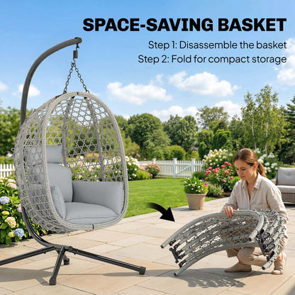 Hanging Egg Chair with Stand | PE Rattan | 15cm Cushion & Headrest | Safety Strap | Foldable Basket | 120kg | Light Grey