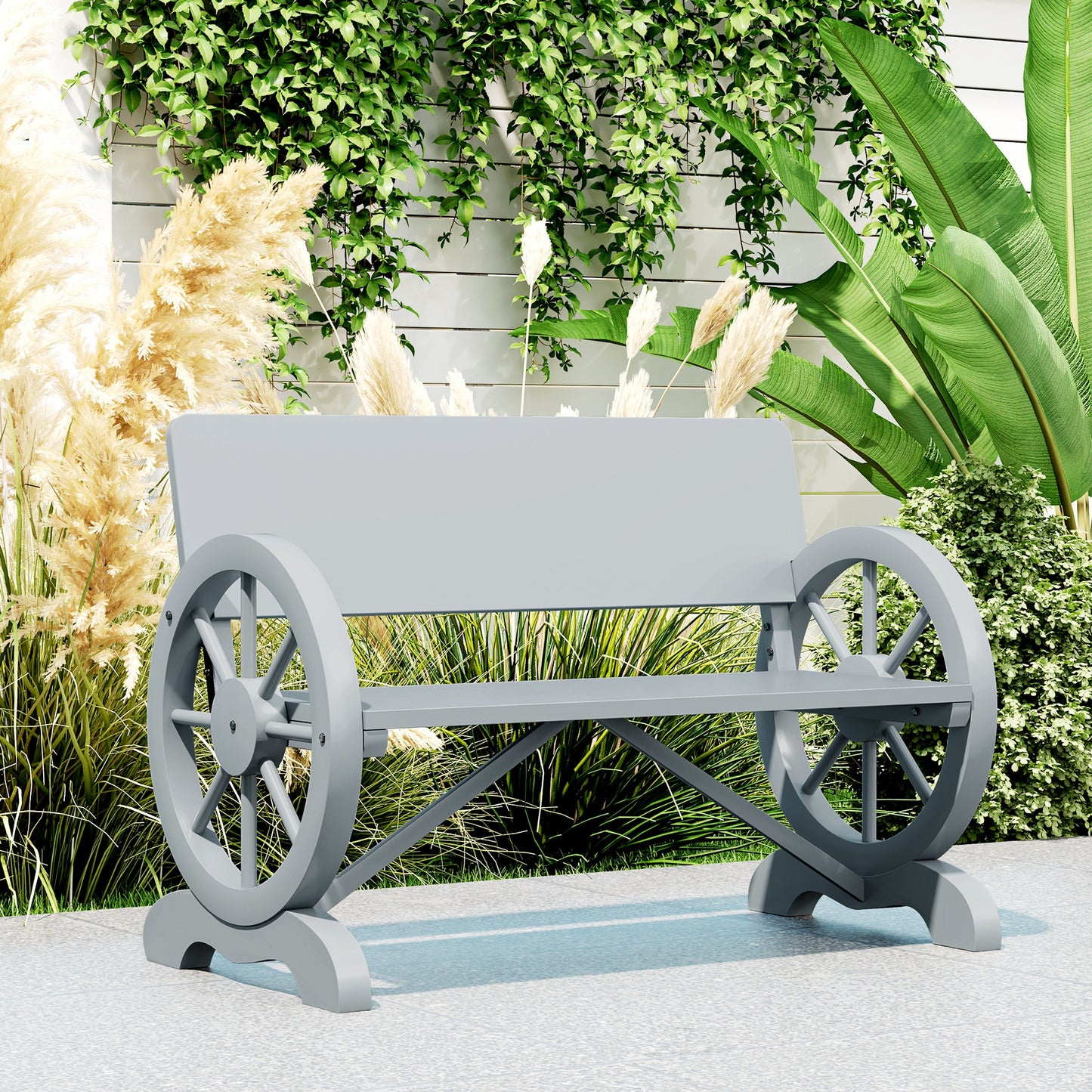 Outsunny Fir Wood 2-Seater Outdoor Garden Wagon Wheel Bench, Grey