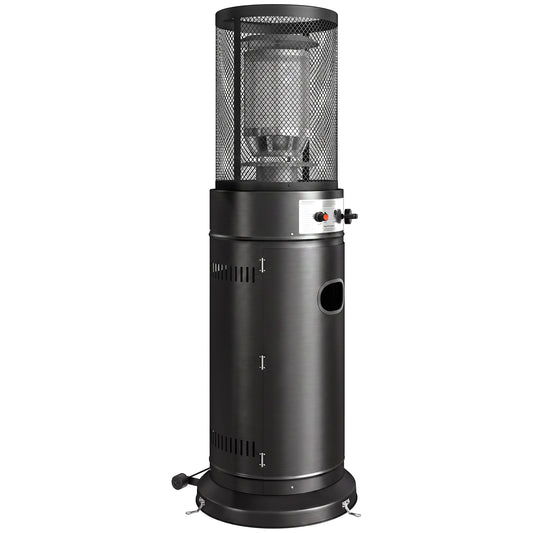 11kW Gas Patio Heater | 30m² Coverage | Propane & LPG | Pulse Ignition | Stepless Control | 45° Tilt Shutoff | Metal Mesh Guard | 2 Wheels | Pre-Drilled Stake Holes | 52x46x137cm | Black