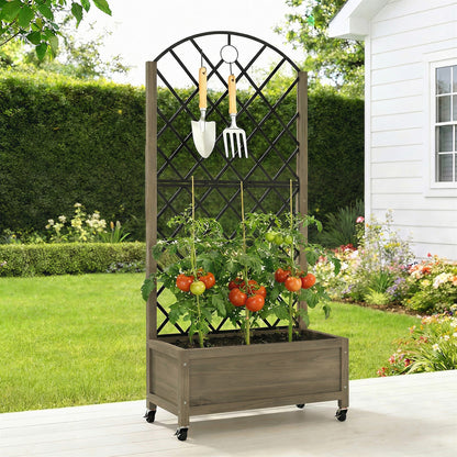 Raised Garden Bed with Metal Trellis | Wooden Elevated Planter Box | 50L Soil Capacity | 4 Wheels 2 Lockable | 30kg Max Load | 72x36x168cm | Carbonised Finish