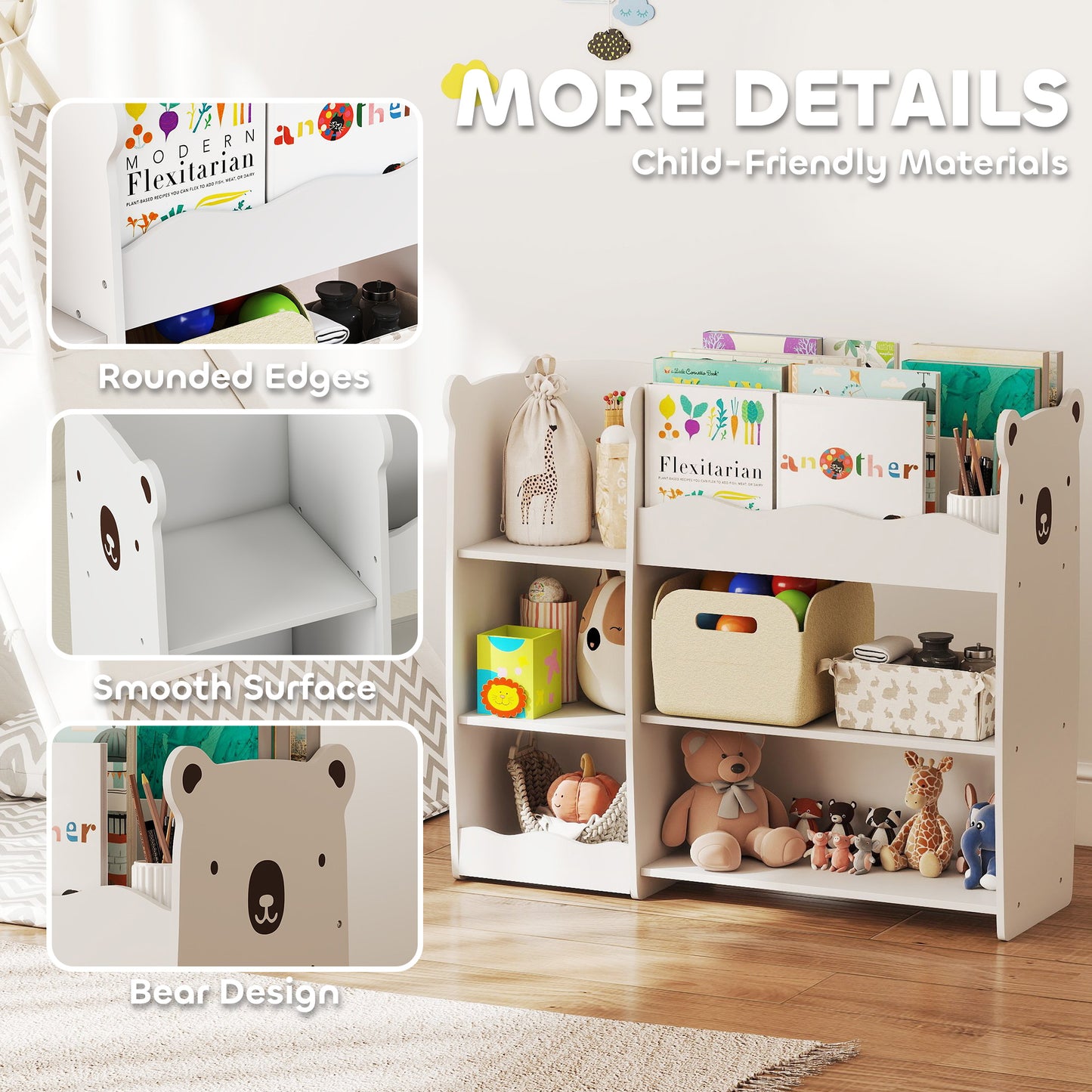 Kids Toy Storage Unit & Bookshelf – Bear Design, Sectioned Shelves, 79cm Child-Height, MDF, For Bedroom, Nursery & Playroom – White