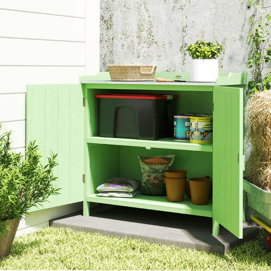 Wood Garden Storage Cabinet, Outdoor Tool Shed, Potting Bench Table with galvanised Top and Two Shelves, Green