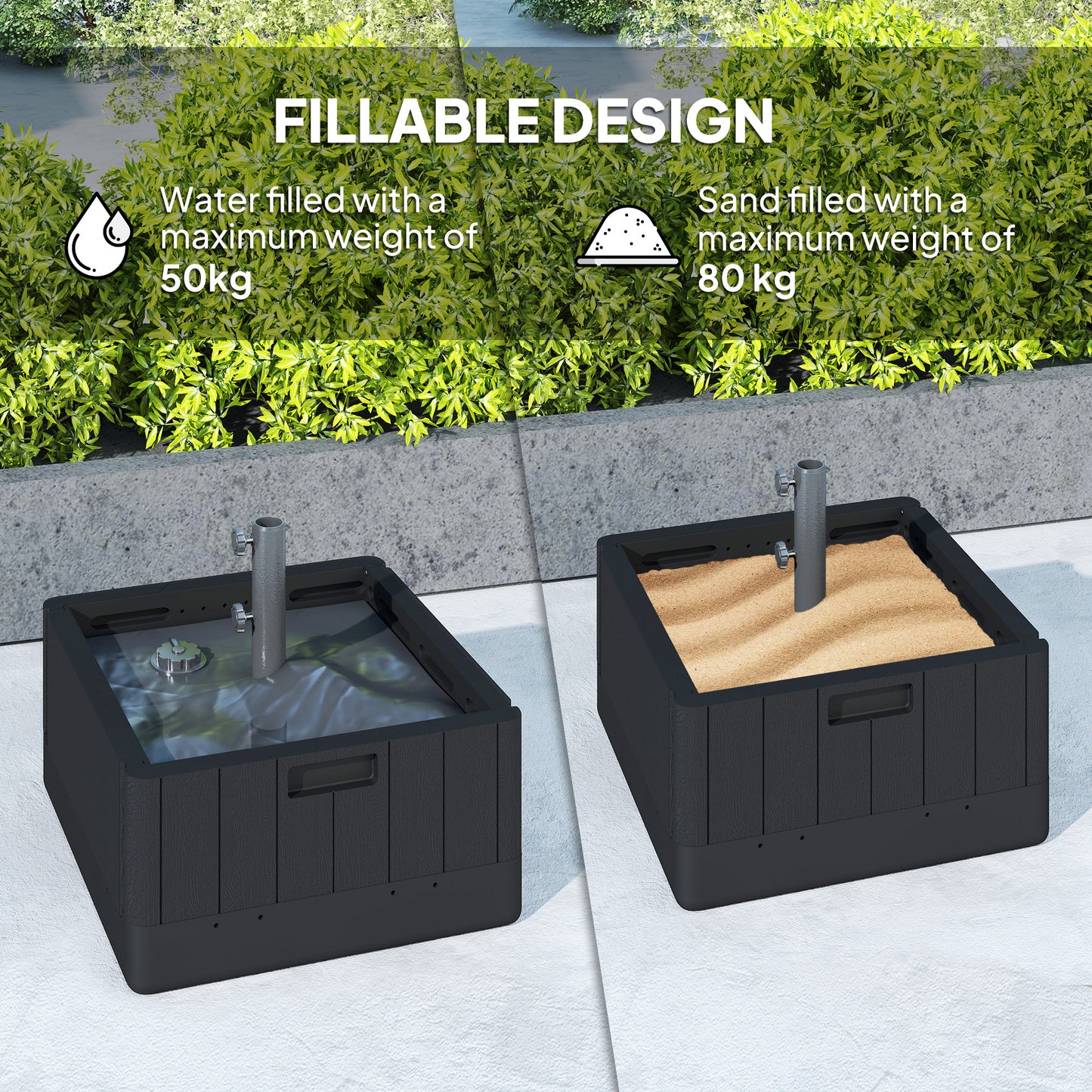 Fillable Parasol Base with Wheels & Handles | 80kg Sand or 50kg Water | Fits 38mm & 48mm Poles | 53x53x45cm | Deck Poolside & Garden | Black