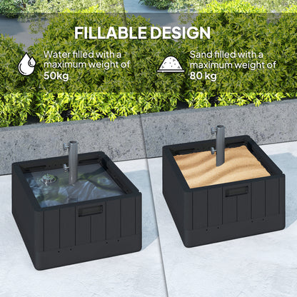 Fillable Parasol Base with Wheels & Handles | 80kg Sand or 50kg Water | Fits 38mm & 48mm Poles | 53x53x45cm | Deck Poolside & Garden | Black