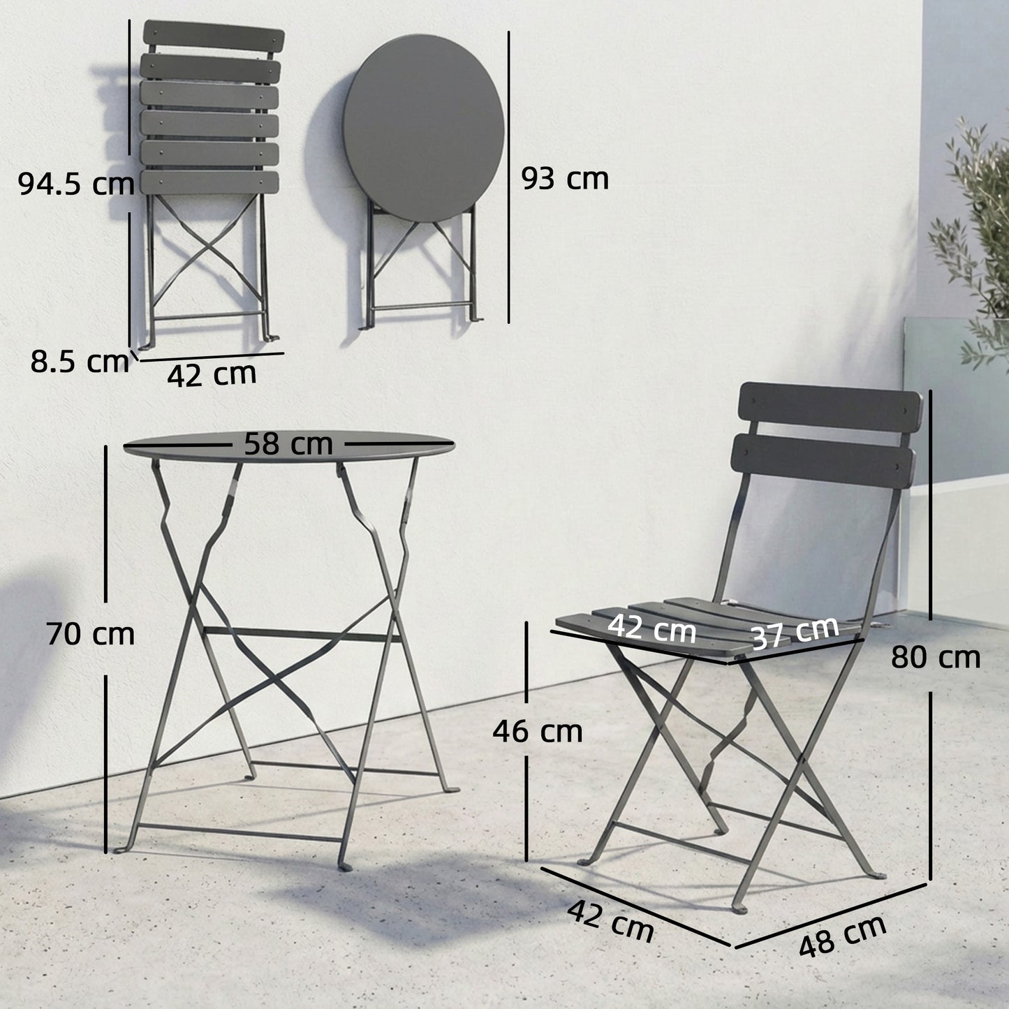 3 Piece Folding Garden Bistro Set | Round Table Ø58cm | 2 Slatted Chairs | Dual Rust Resistant | Folds Flat | No Assembly | 120kg | Grey