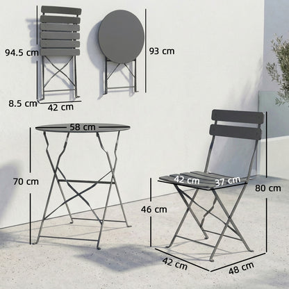 3 Piece Folding Garden Bistro Set | Round Table Ø58cm | 2 Slatted Chairs | Dual Rust Resistant | Folds Flat | No Assembly | 120kg | Grey