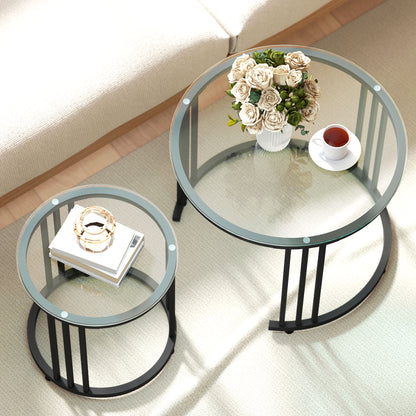 Round Coffee Tables Set of 2, Nesting Tables with Tempered Glass Top and Steel Frame, Black