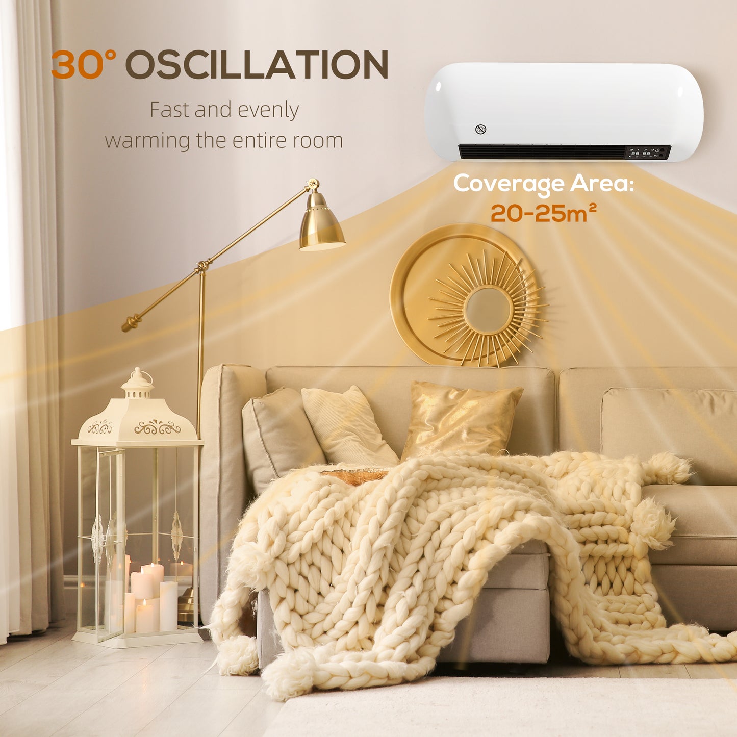 2000W Ceramic Electric Heater with Fan, Adjustable Thermostat, Wall Mounted - White / Black