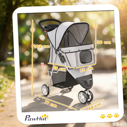3-Wheel Foldable Dog Stroller / Pet Pushchair | Mesh Canopy | Cup Holder | Reflective Strips | 10kg | Grey