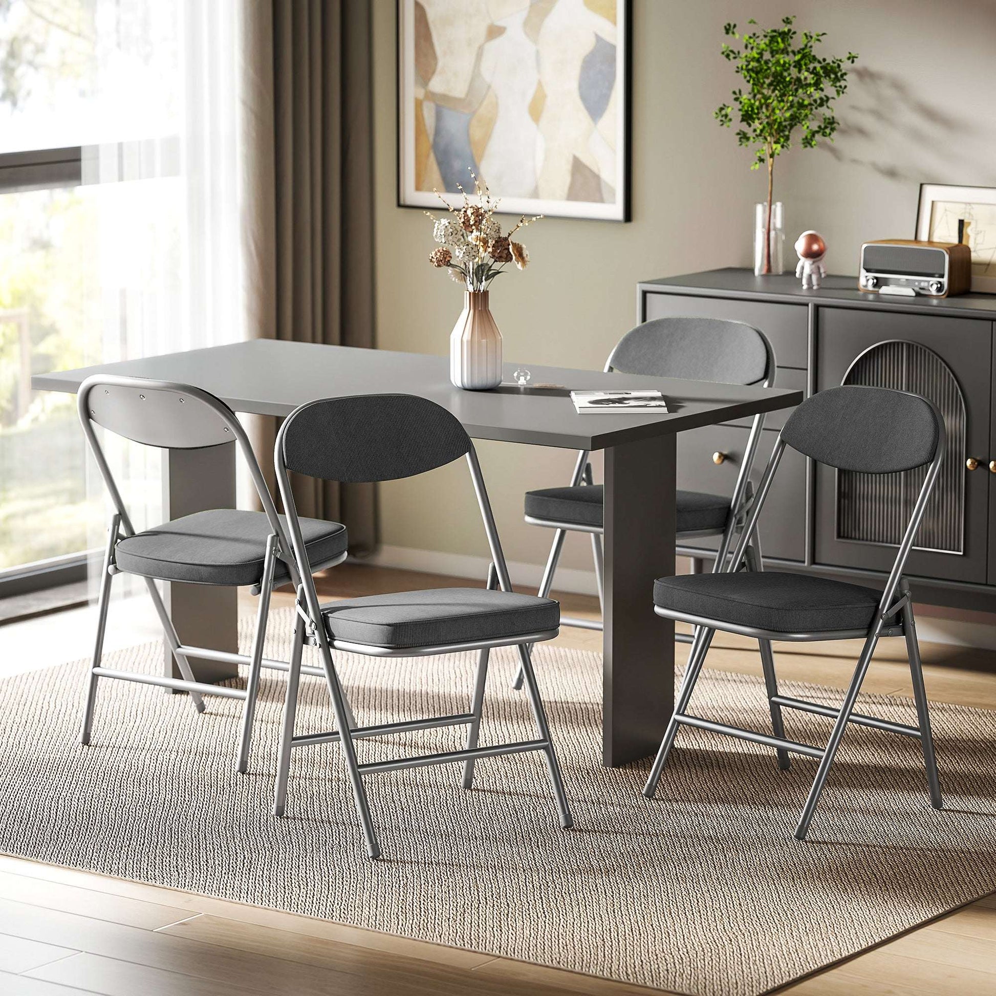 Set of 4 Folding Corduroy Chairs | High Back | Padded Seat & Back | Steel Frame | 120kg | No Assembly | Dark Grey