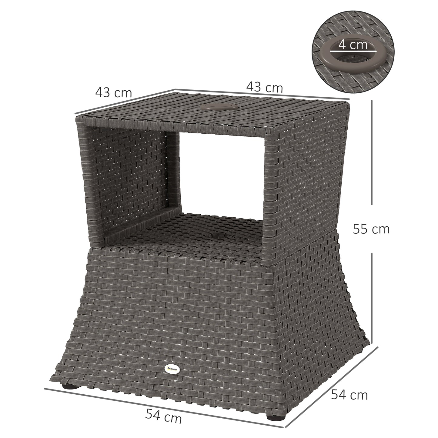 Rattan Garden Bistro Coffee Table | 54x54x55cm | Umbrella Hole 38mm | Open Storage Shelf | PE Wicker Metal Frame | 30kg | Dark Grey