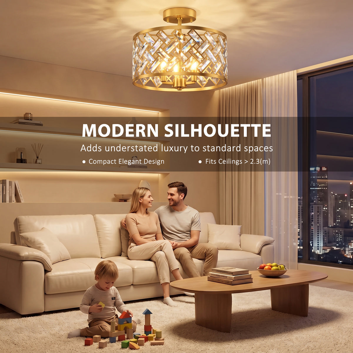 3-Light Crystal Drum Ceiling Light | 76 Crystal Prisms | 3x E14 Sockets | Electroplated Gold-Tone Frame | 39Dx34H cm | Max 40W per Bulb | LED Compatible | Ceiling >2.3m | Bulbs Not Included | Gold Tone