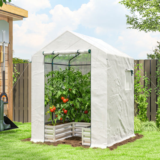 Mini Greenhouse with Raised Garden Bed, Galvanised Walk-in Greenhouse with Roll Up Windows, 56" x 56" x 75", White