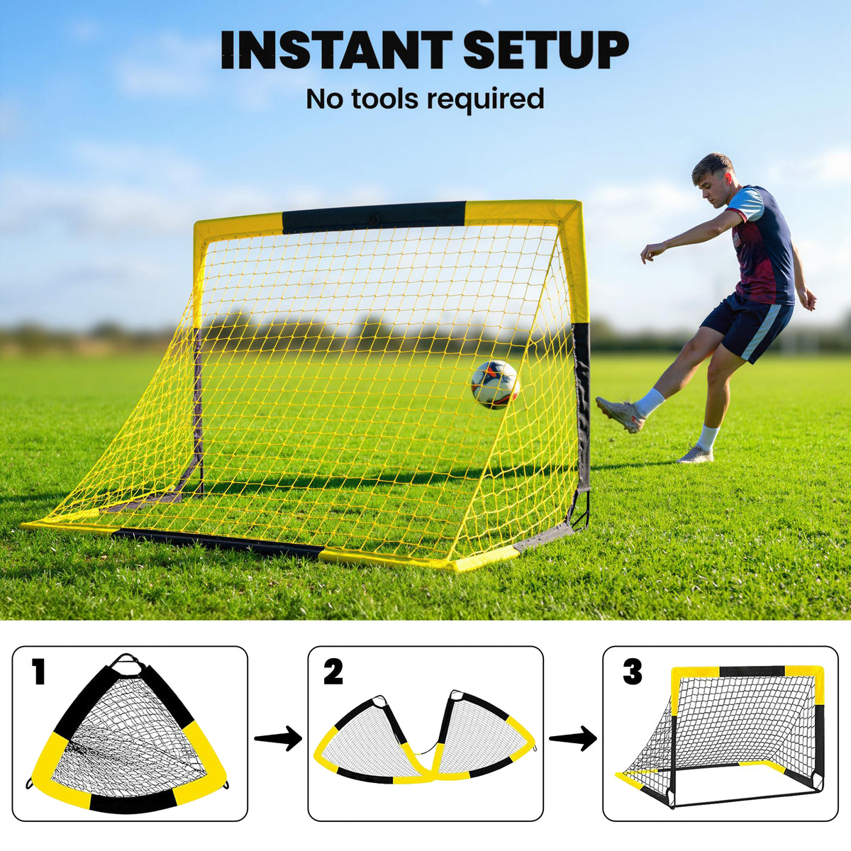 Set of 2 Pop-Up Football Goals | Instant Open & Fold Flat | Fibreglass Poles & Metal Tubes | Polyester Net | Oxford Edging | 8 U-Shaped Stakes | Carry Bag | 150x110x110cm | Age 5+ | Yellow & Black