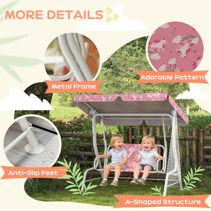 AIYAPLAY Kids Porch Swing, 2-Seater Patio Swing Bench Hammock with Seat Belts, Adjustable Canopy for Garden, Pink