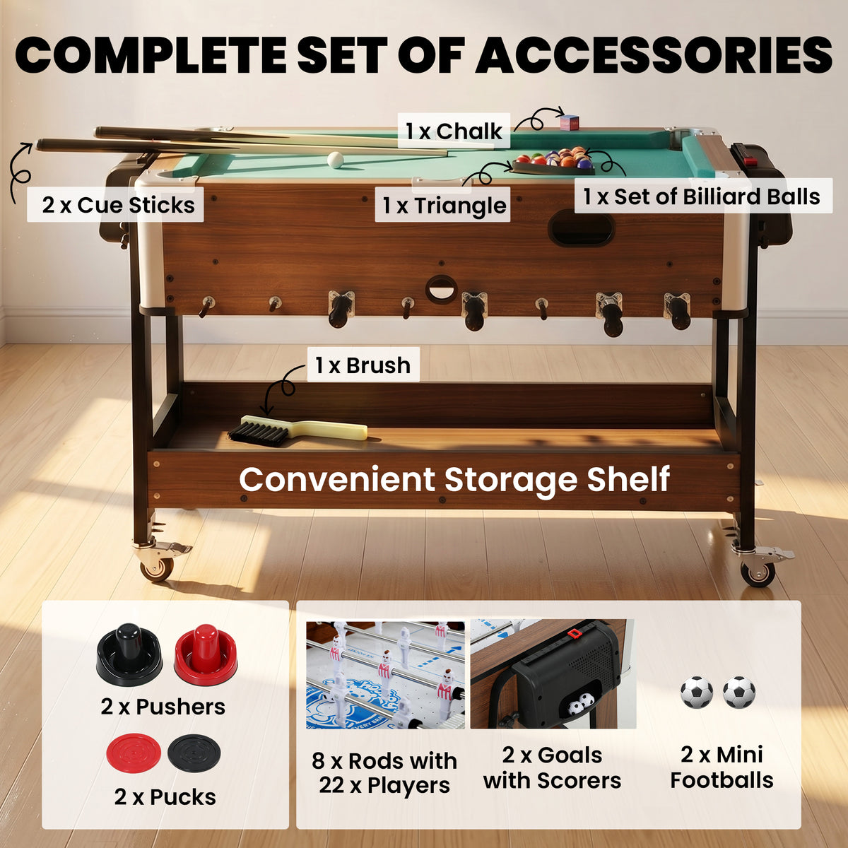 3 in 1 Multi Game Table | Pool | Air Hockey | Football | 3.4ft | Lockable Wheels | Storage Shelf | Walnut Effect
