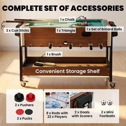 3 in 1 Multi Game Table | Pool | Air Hockey | Football | 3.4ft | Lockable Wheels | Storage Shelf | Walnut Effect