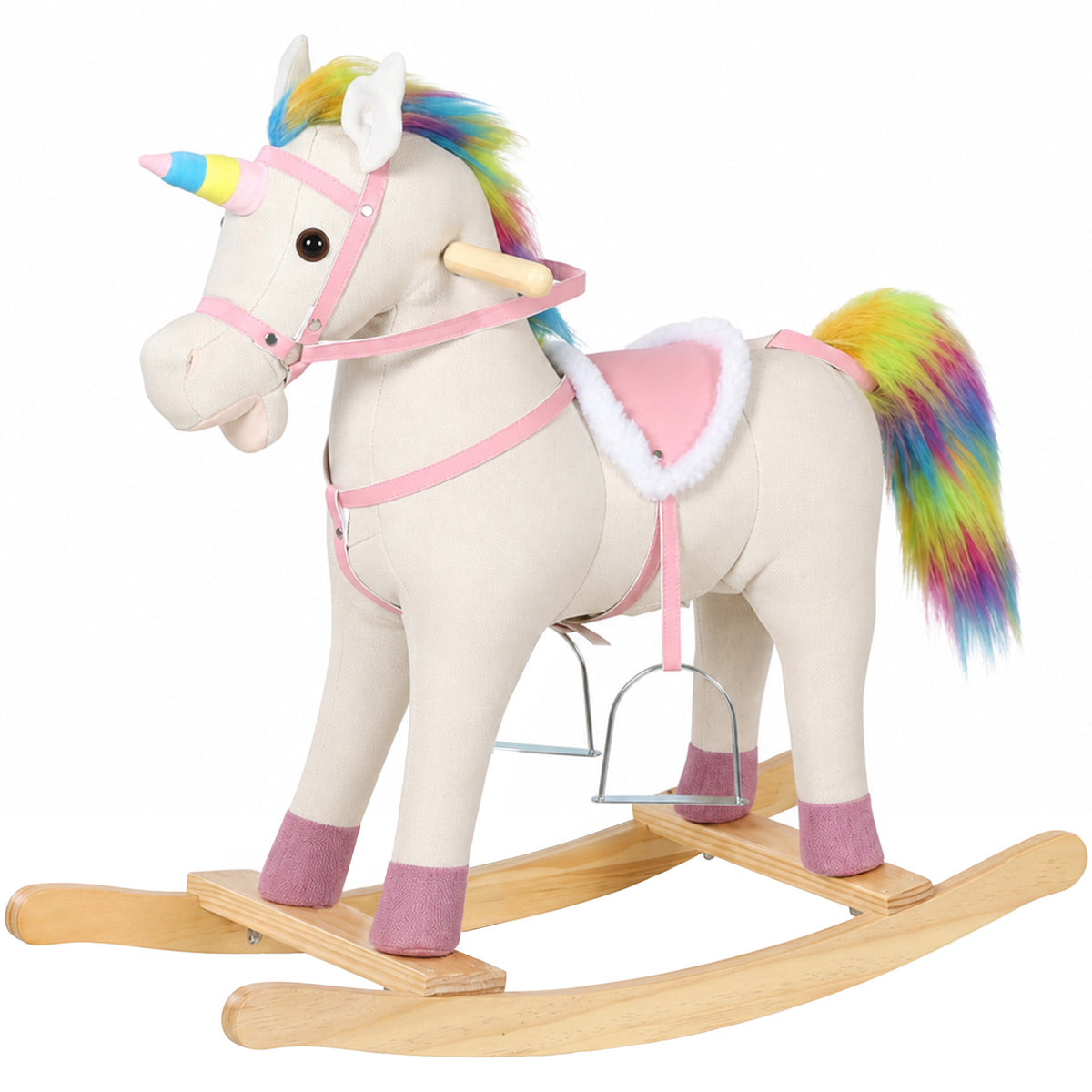 Kids Rocking Horse Unicorn with Sound Button | Wide Anti-Tip Base & Rocking Stoppers | Head Handles | Fixed Wood Footrests | Faux Linen & PP Cotton | 25kg Max | 71x30x68cm | Ages 12–36 Months | Cream