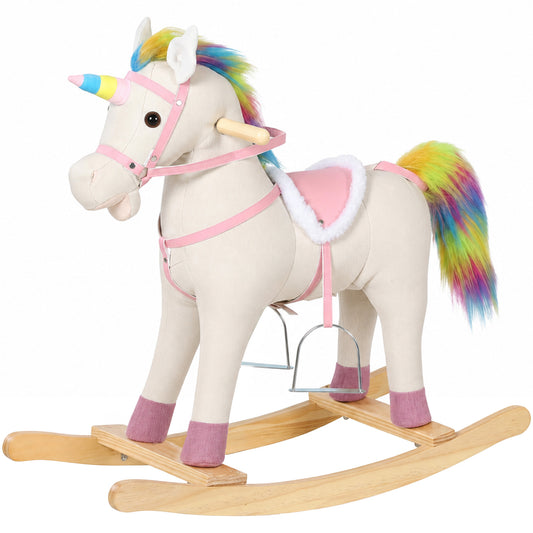 Kids Rocking Horse Unicorn with Sound Button | Wide Anti-Tip Base & Rocking Stoppers | Head Handles | Fixed Wood Footrests | Faux Linen & PP Cotton | 25kg Max | 71x30x68cm | Ages 12–36 Months | Cream