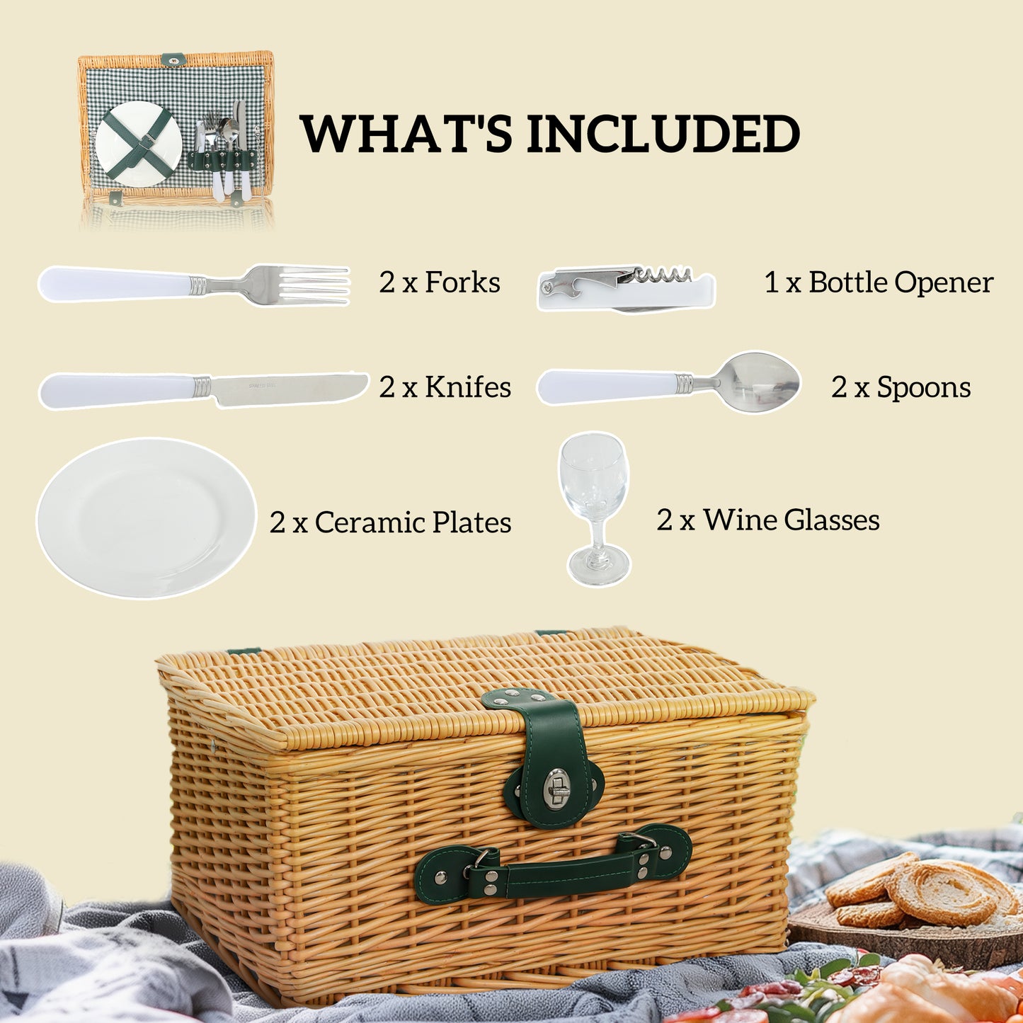 Wicker Picnic Basket for 2 Person with Cooler Compartment, Picnic Hamper with Cutlery Service Kits and Carry Handle for Camping, Outdoors