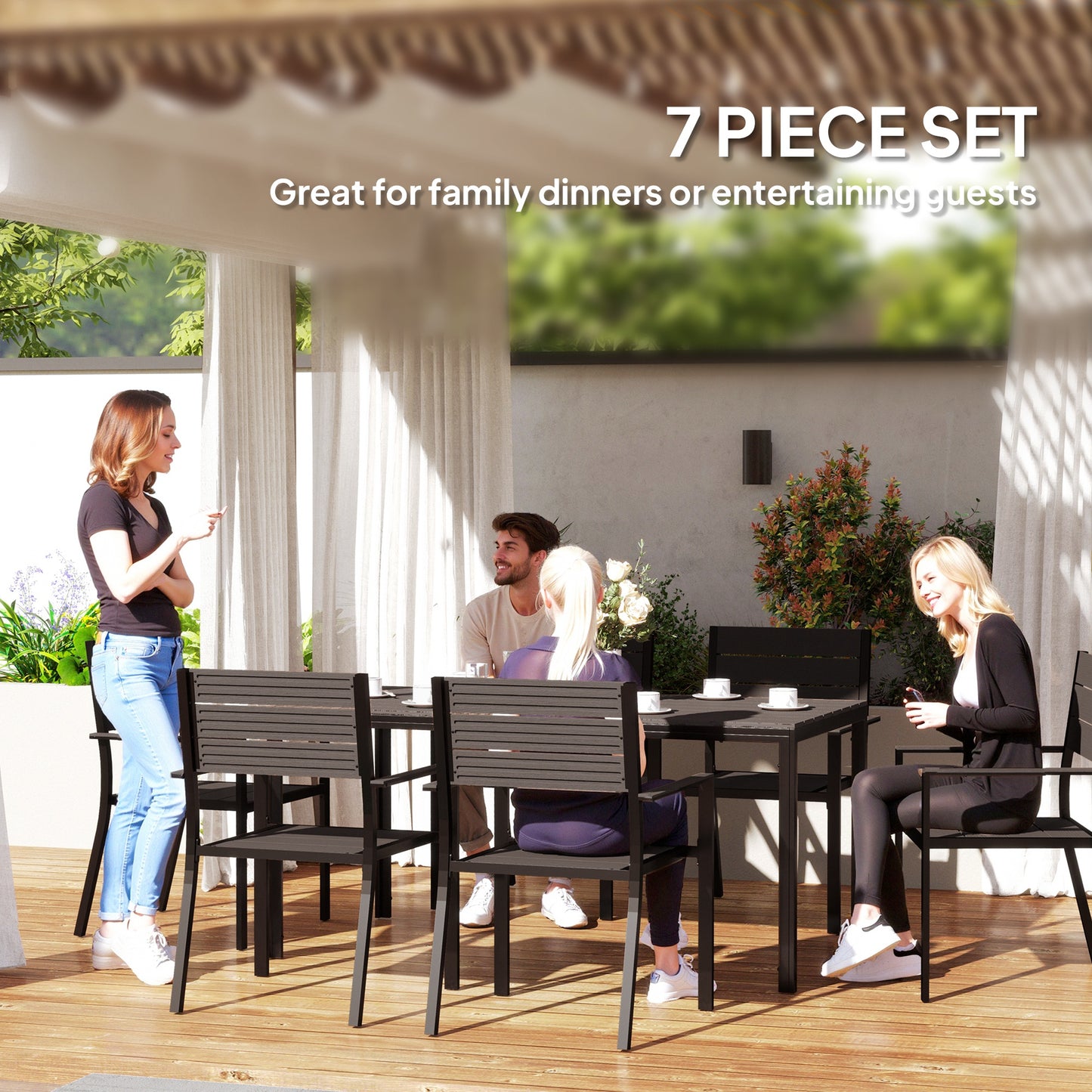 Outsunny 7 Piece Garden Furniture Set, 160 x 80 cm Rectangle Table and 6 Stackable Chairs Set, Outdoor Dining Set for Balcony, Deck, Dark Brown