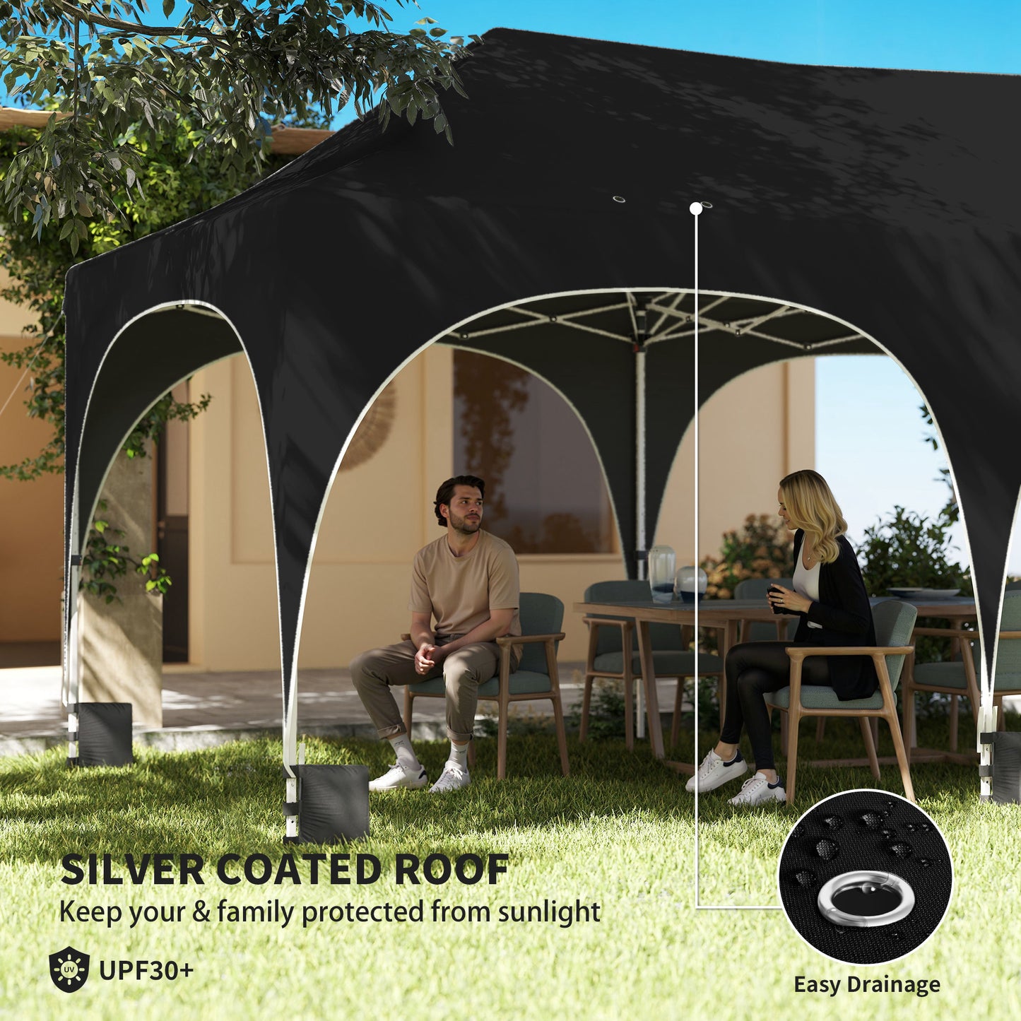 3x6m Peak-Top Pop-Up Party Gazebo | 15-20 People | UPF30+ 210D Oxford Fabric | 6 Sidewalls | 4 Windows & 2 Zipper Doors | 3 Height Settings | 12 Drainage Holes | Stakes, Ropes & Sandbags | Carry Bag | Black