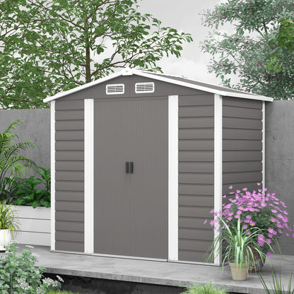 7 x 4ft Garden Shed, Easy to Assemble, Upgraded Galvanised Steel Frame with Foundation Kit, Double Doors with Lock, Outdoor Metal Shed