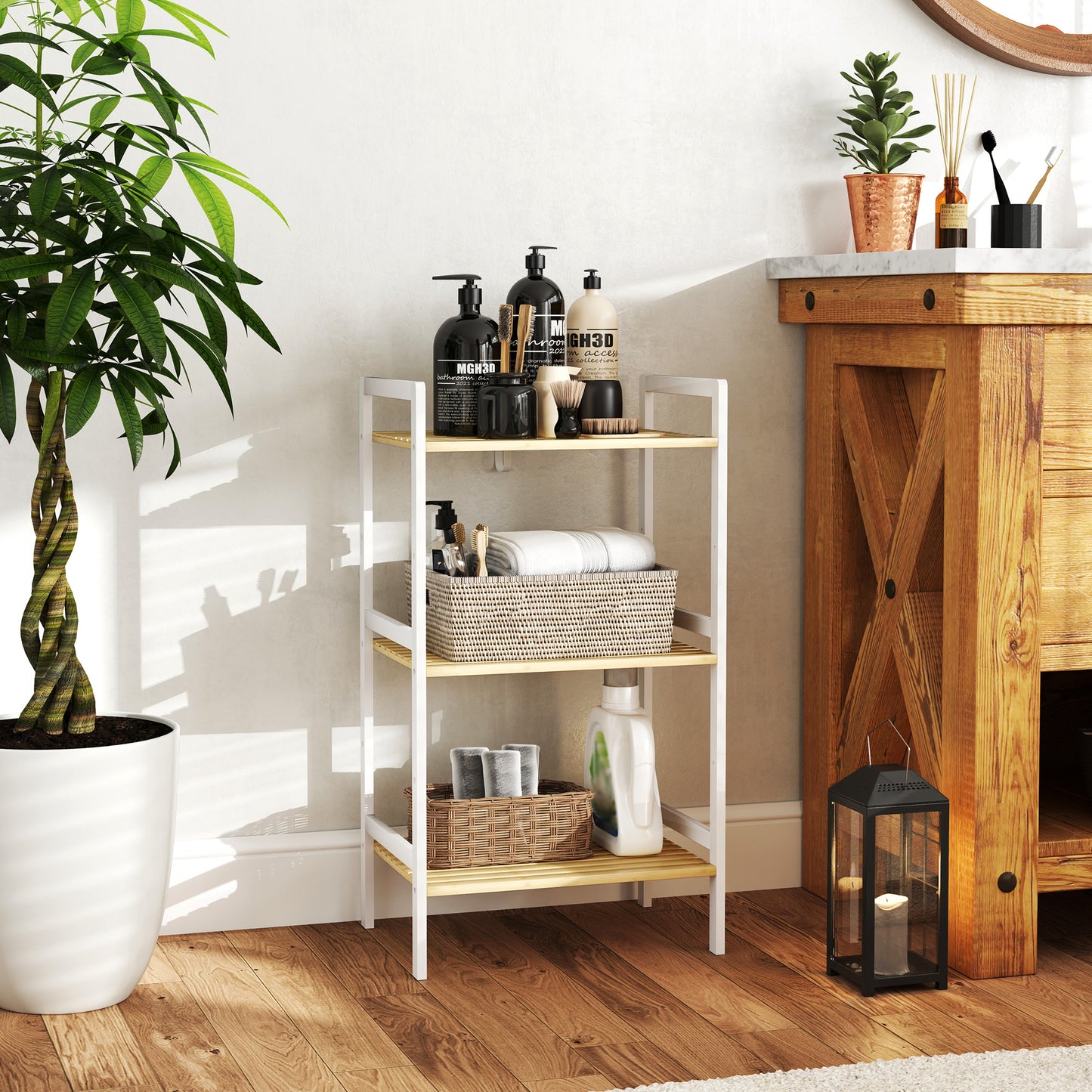 Three-Tier Bamboo Adjustable Shelf Storage Unit