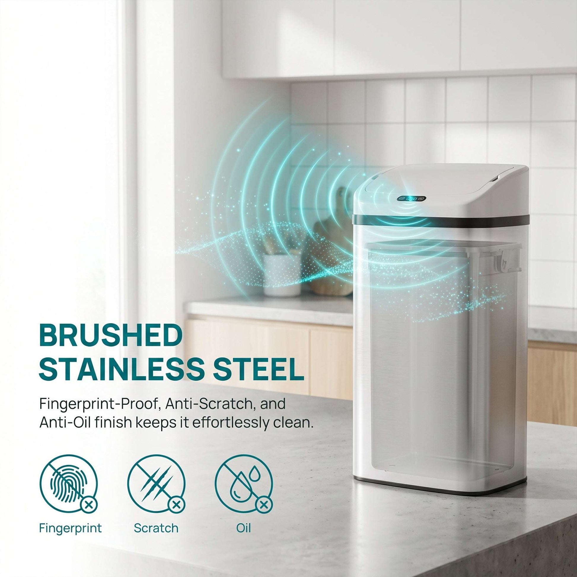 48L Infrared Sensor Bin | Opens in 0.5s | Quiet Close in 4-7s | Fingerprint-Resistant Stainless Steel | No Inner Bucket | 4xAA Batteries | No Assembly | 33x25x69cm | White