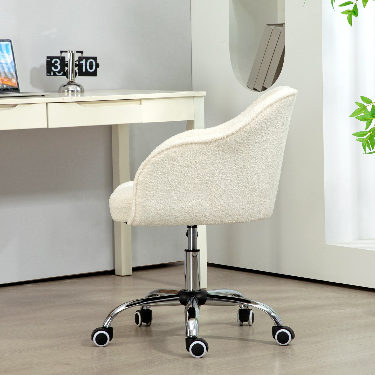 Computer Desk Chair, Fluffy Fabric Swivel Office Makeup Vanity Chair with Height Adjustable, Wheels, for Bedroom, Cream White