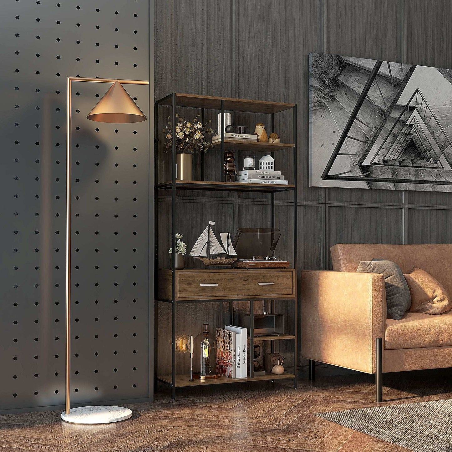 Retro Style  Seven-Shelf Industrial Display Shelf, with Drawers - Brown/Black