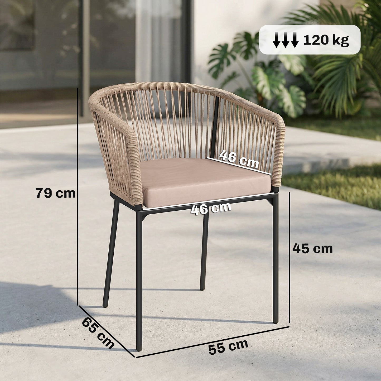 Set of 2 Rattan Garden Dining Chairs | Cushions | Wraparound Armrests | Natural Wood Finish