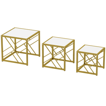 Nesting Coffee Tables, Set of 3 Square Side Tables with Black Metal Frame, for Living Room, Bedroom and Office, White