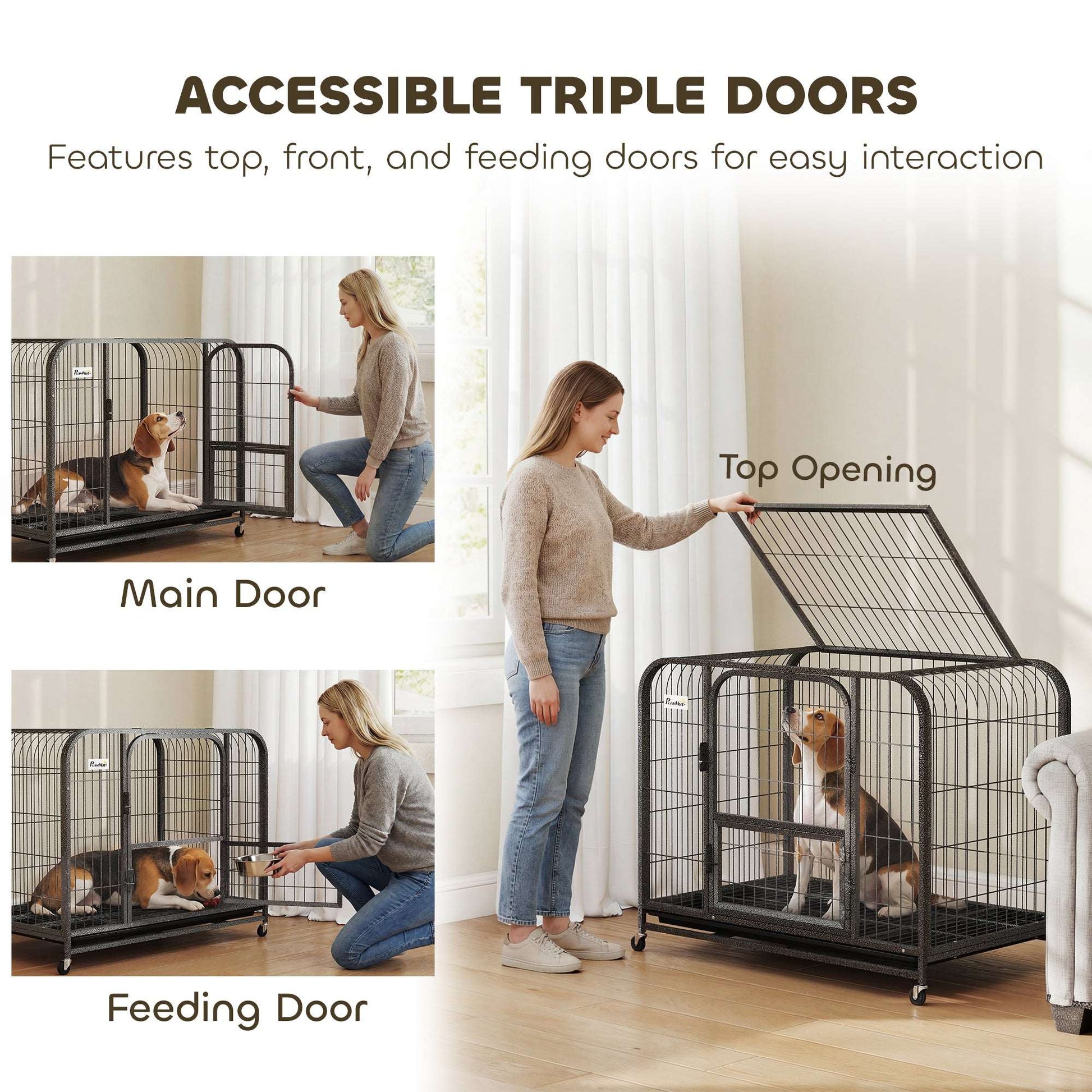 Heavy Duty Dog Crate | 93x58x76cm | 3 Doors | Slide-Out Tray | 4 Wheels | Raised Base | 20kg | Black