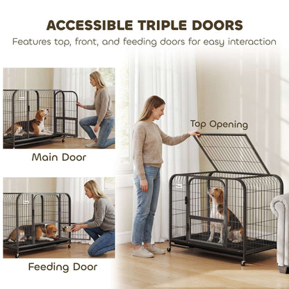 Heavy Duty Dog Crate | 93x58x76cm | 3 Doors | Slide-Out Tray | 4 Wheels | Raised Base | 20kg | Black