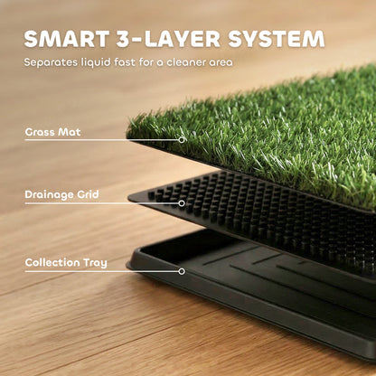 PawHut Dog Toilet Tray with 2 Artificial Grass Mats | Black & Green | PP PE | 76x50.5x3.5cm | 3-Layer Drainage System | Medium Dogs up to 50cm | Indoor Balcony Yard | No Assembly