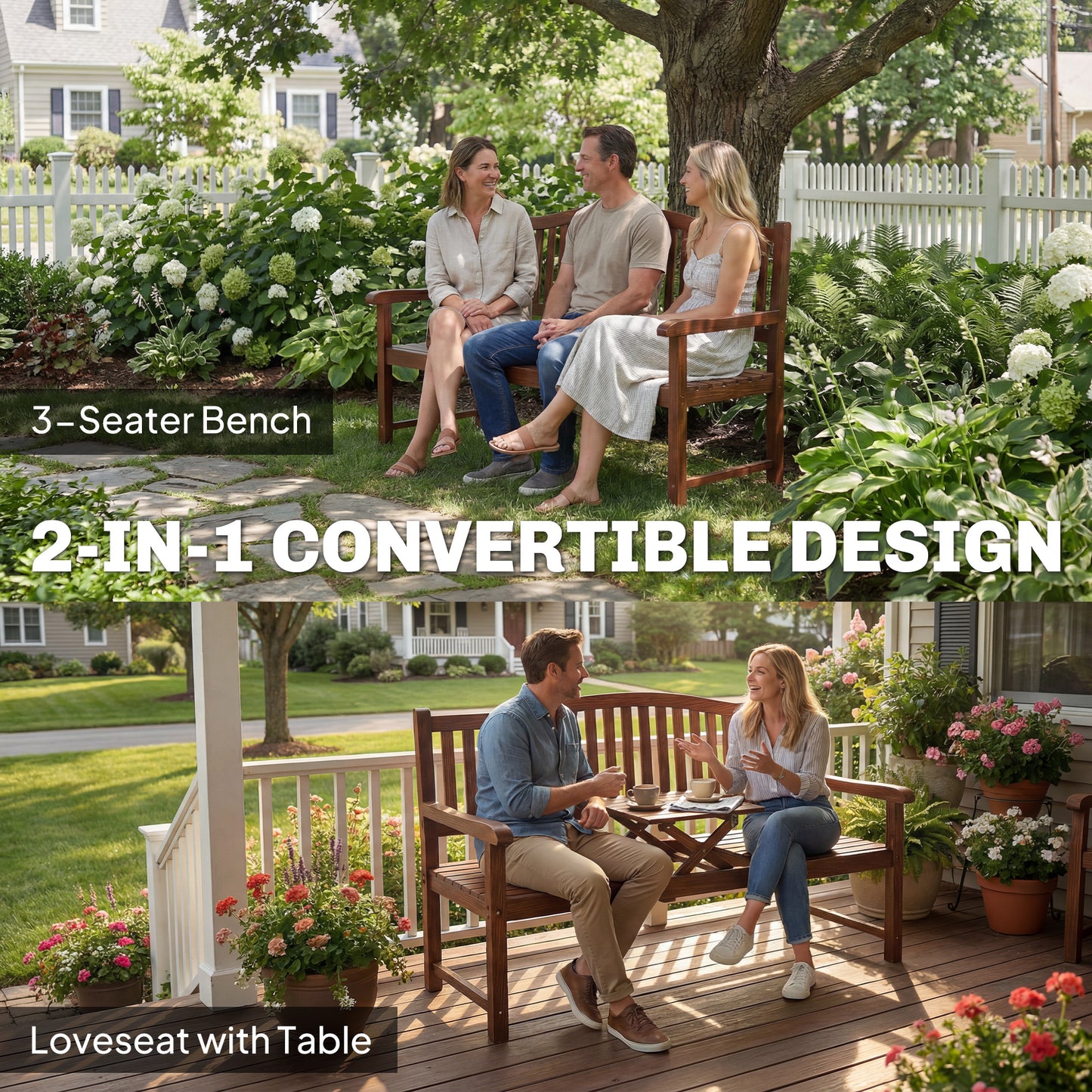 Convertible 2-3 Seater Garden Loveseat Bench | Liftable Table | 210D Waterproof Cover | Poplar Wood | 280kg Capacity | 150x63x98cm | Light Brown