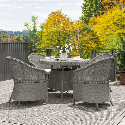 4 Seater Rattan Garden Furniture Set with Cushions, Round PE Rattan Dining Set with Glass-Top Table, Umbrella Hole, Outdoor Garden Table and Chairs