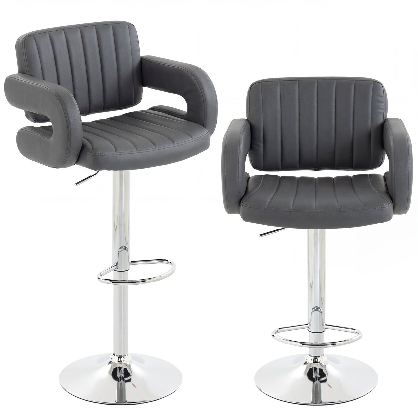Set of 2 Adjustable Swivel Bar Stools | Padded Armrests | Grey PU Leather