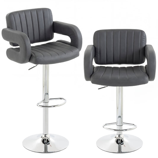 Set of 2 Adjustable Swivel Bar Stools | Padded Armrests | Grey PU Leather