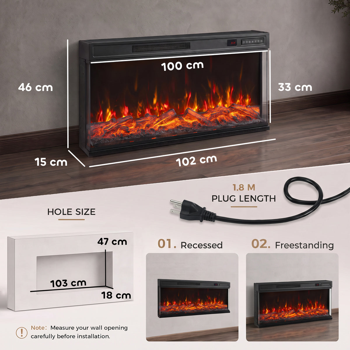 102cm Three-Sided Electric Fireplace Insert | Recessed, Cabinet-Fitted or Freestanding | 900/1800W, 12 Colours, Remote & Weekly Timer | Black
