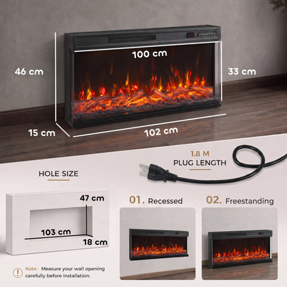 102cm Three-Sided Electric Fireplace Insert | Recessed, Cabinet-Fitted or Freestanding | 900/1800W, 12 Colours, Remote & Weekly Timer | Black