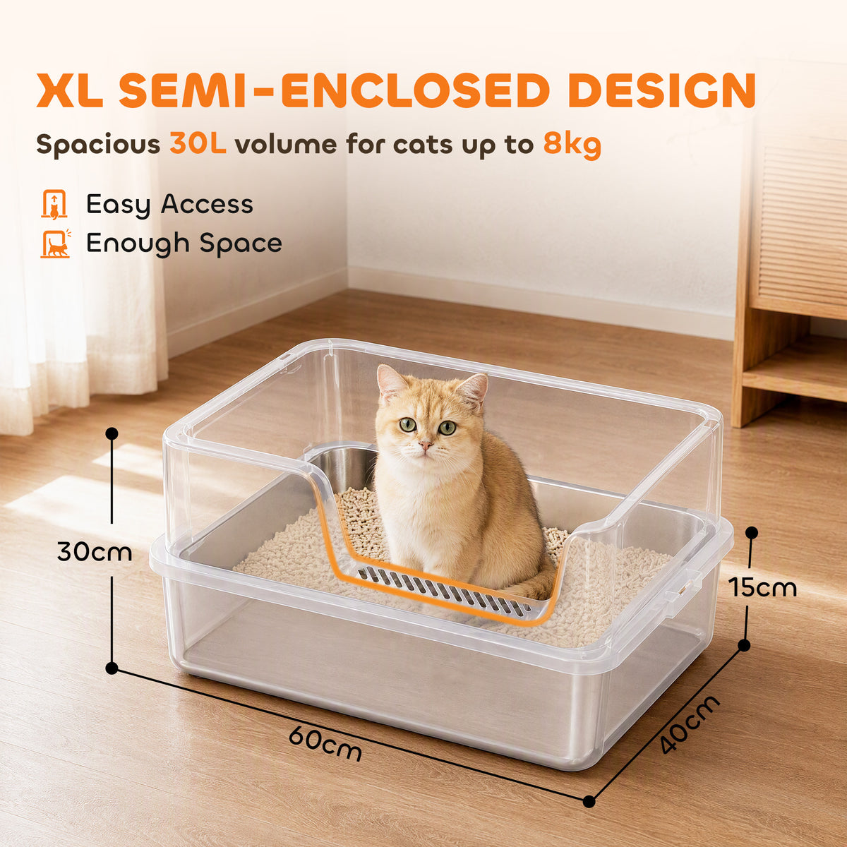 XL Cat Litter Tray | 201 Stainless Steel Pan | Semi-Enclosed PP Lid | High Sides & Sealed Seams | 30L | Cats up to 8kg | 60x40cm Litter Mat | Scoop Brush & Hook | 60x40x30cm | Inner 56x36x15cm | Light Grey