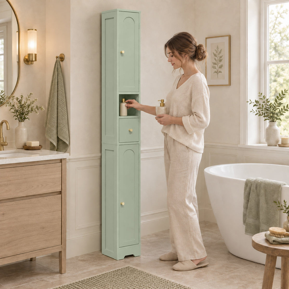 Slim Tall Bathroom Cabinet | 185H x 20W x 20D cm | 2 Arched Doors, Drawer & Adjustable Shelves | Light Green