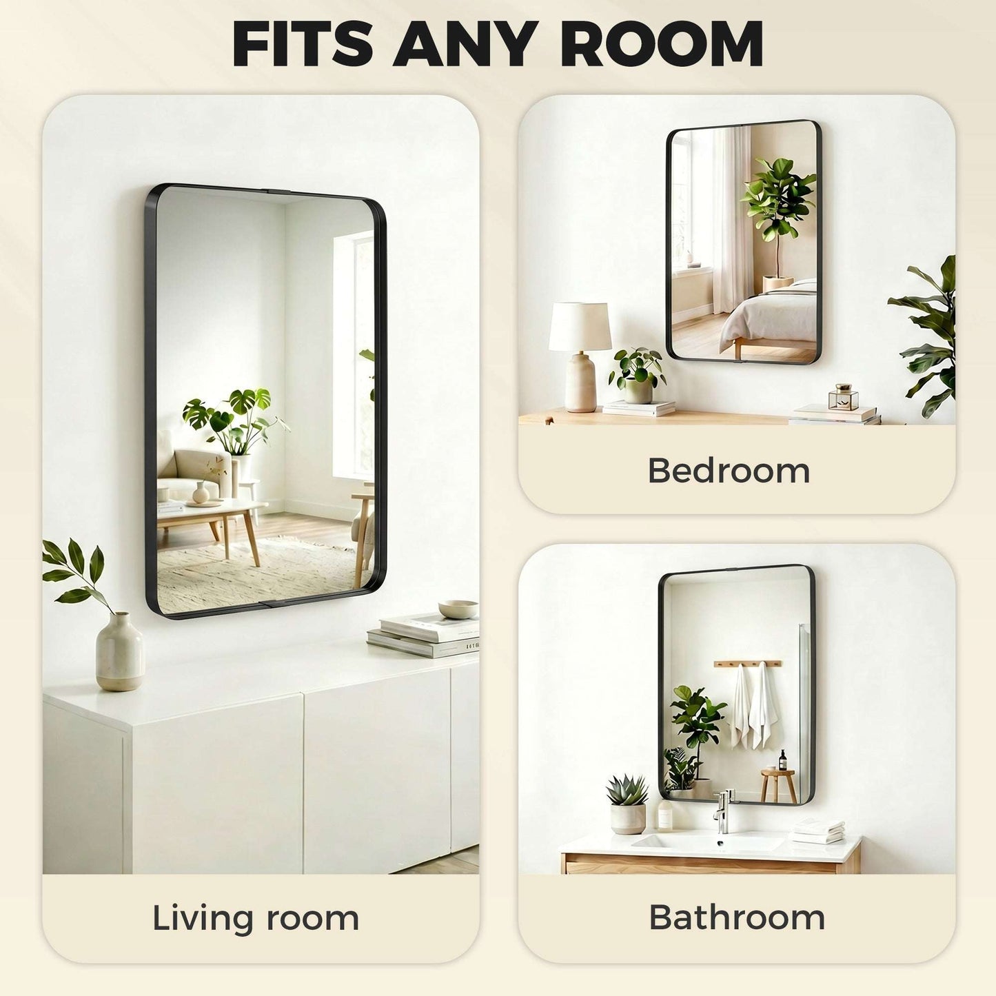 Rectangular Wall Mirror | Shatterproof Tempered Glass | Anodised Aluminium Alloy Frame | 4cm Deep 3D Effect | Soft Rounded Corners | No Assembly | 60x4x90cm | Black