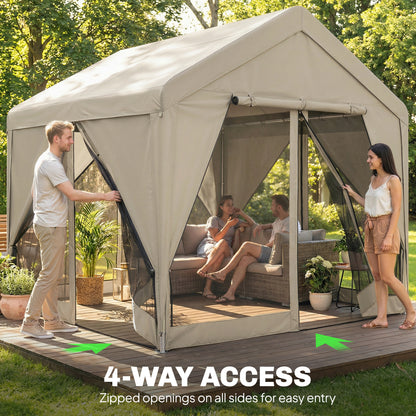 3x3m Patio Gazebo with Netting & Curtains | Dual-Layer Sidewalls | Mesh Apex Roof UV30+ | PVC-Coated Fabric | Flexible 4-Entry Door System | Galvanised Steel Frame | Windproof Level 4-6 | Snow Rated | Khaki