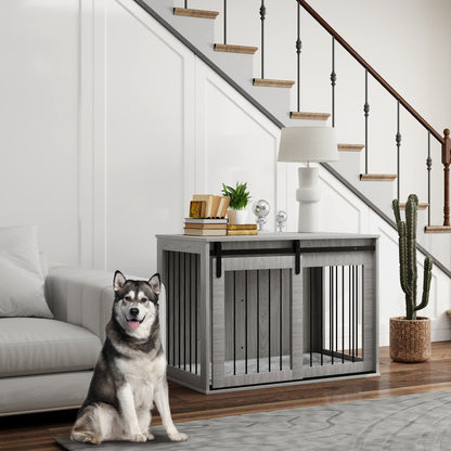Dog Crate Furniture Side Table | Barn Door | Removable Washable Cushion | 3-Sided Ventilation | Large Dogs up to 30kg | 100 x 60 x 61cm | Grey