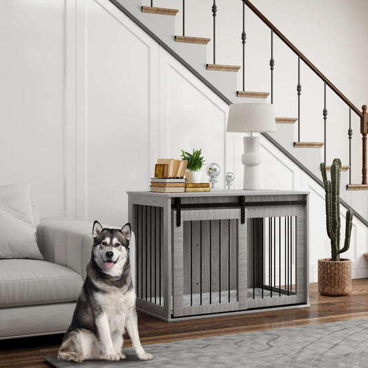 Dog Crate Furniture Side Table | Barn Door | Removable Washable Cushion | 3-Sided Ventilation | Large Dogs up to 30kg | 100 x 60 x 61cm | Grey