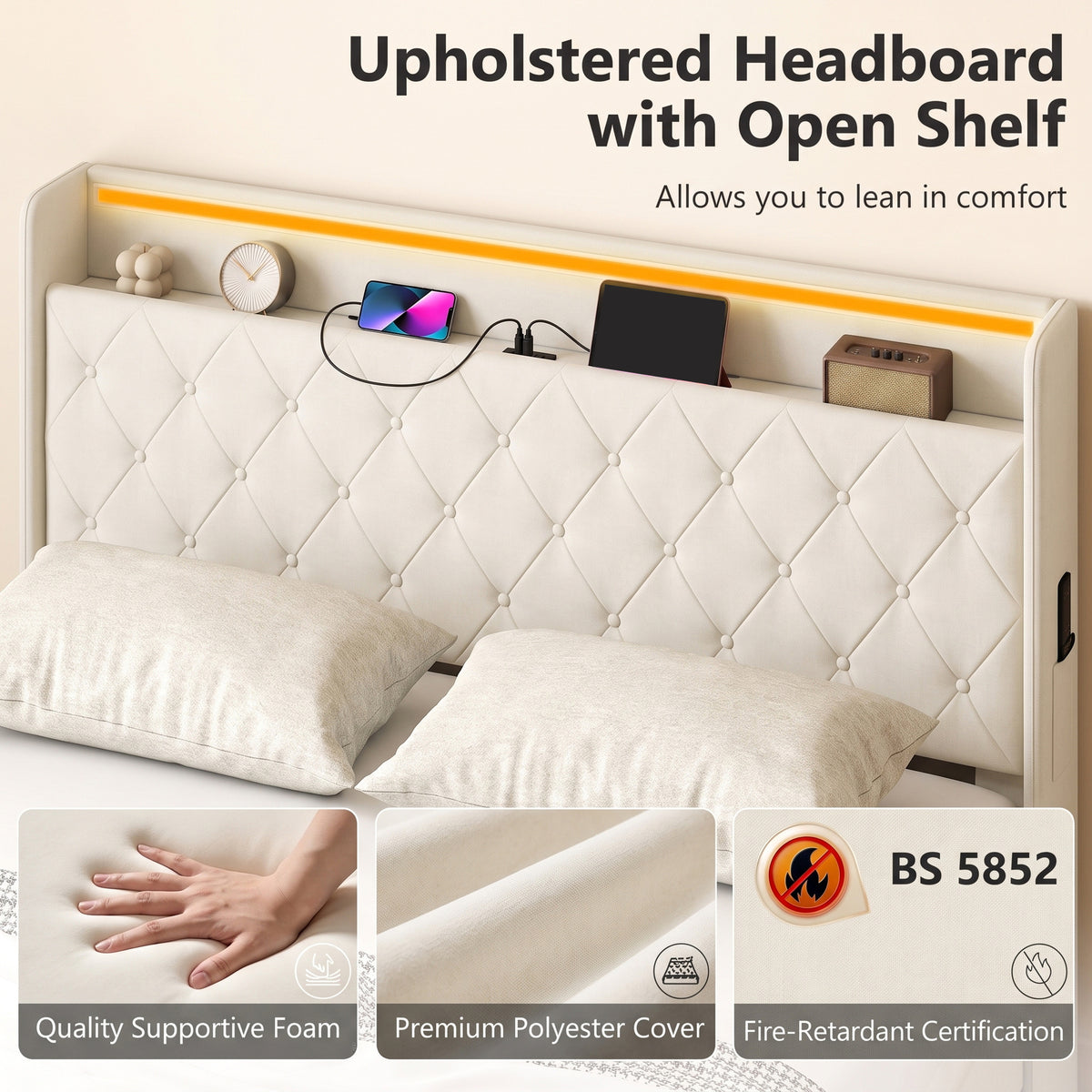 5ft King Ottoman Bed Frame | Cream Linen-Look Fabric | 214x157x113cm | Hydraulic Lift Storage 150x200x20cm | RGB LED Lights | USB-A & USB-C Charging | 300kg | EVA Noise Strips